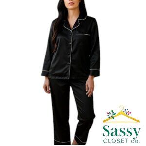 BLACK SATINY Pajama Set with Notched Collar and Piping Trim Sz L NWOT